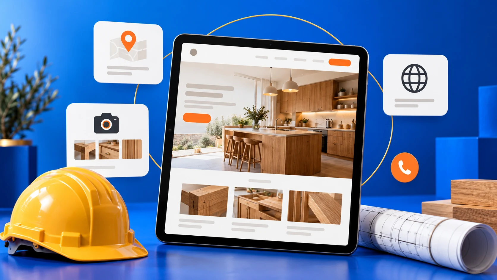 Web stolara na tabletu uz simbole lokalne prisutnosti, fotografija i web stranice